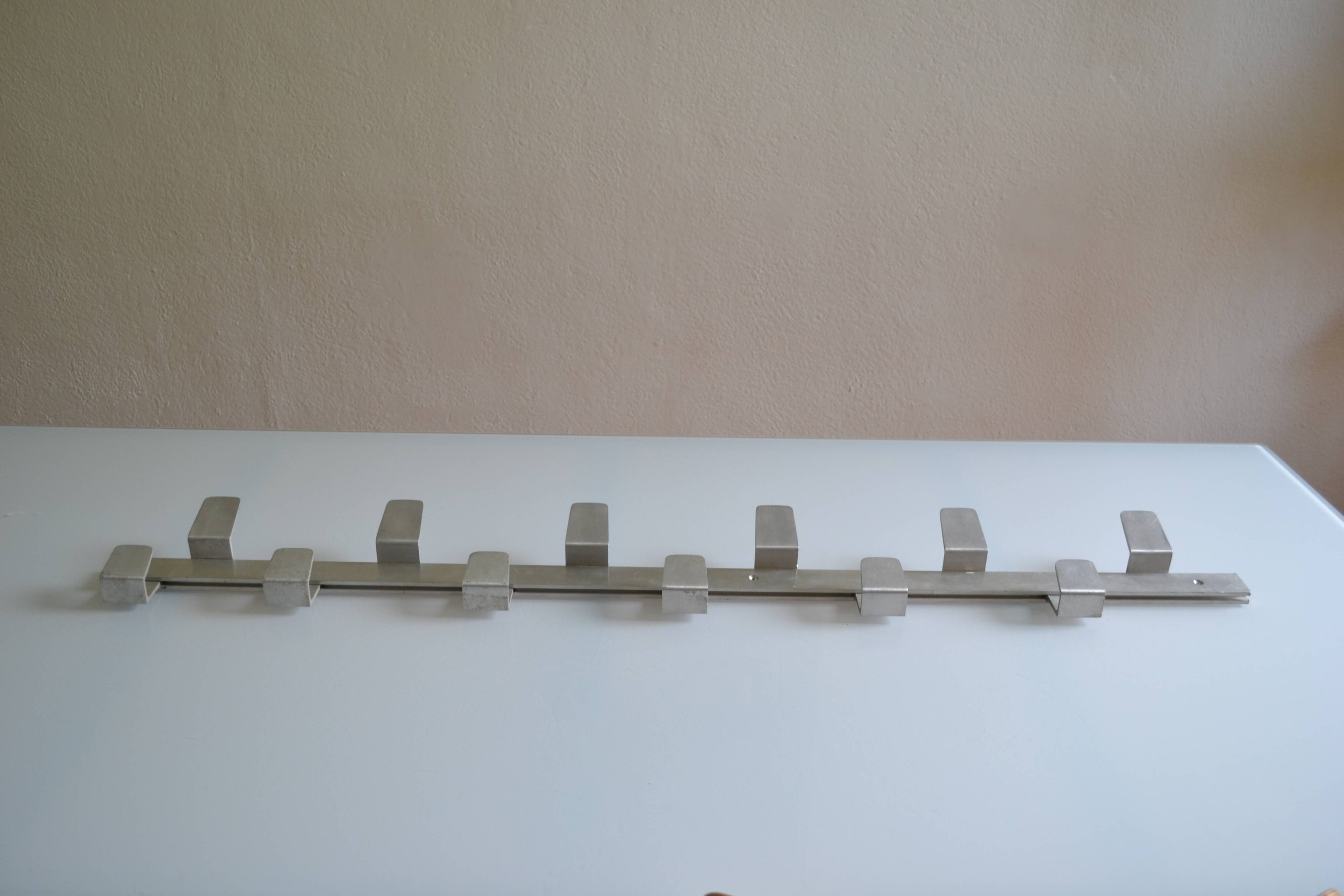 Vintage 70s brushed aluminum metal 12-hook wall coat rack