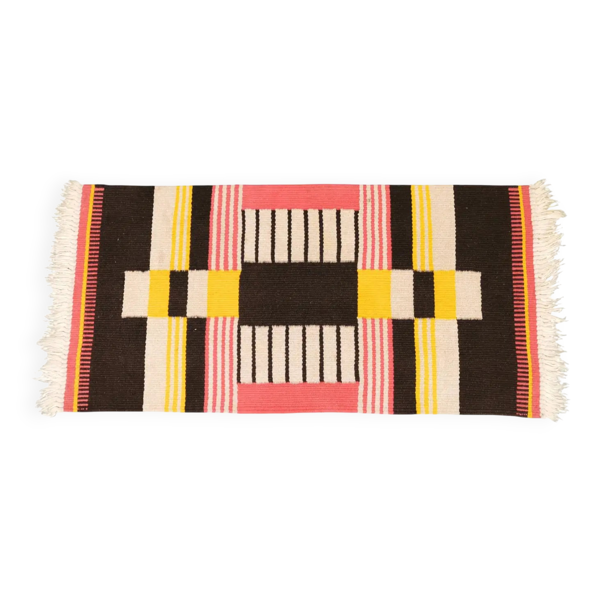 1950s Czech Geometric Wool Kilim Rug in Pink Black and Yellow