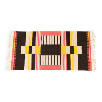 1950s Czech Geometric Wool Kilim Rug in Pink Black and Yellow
