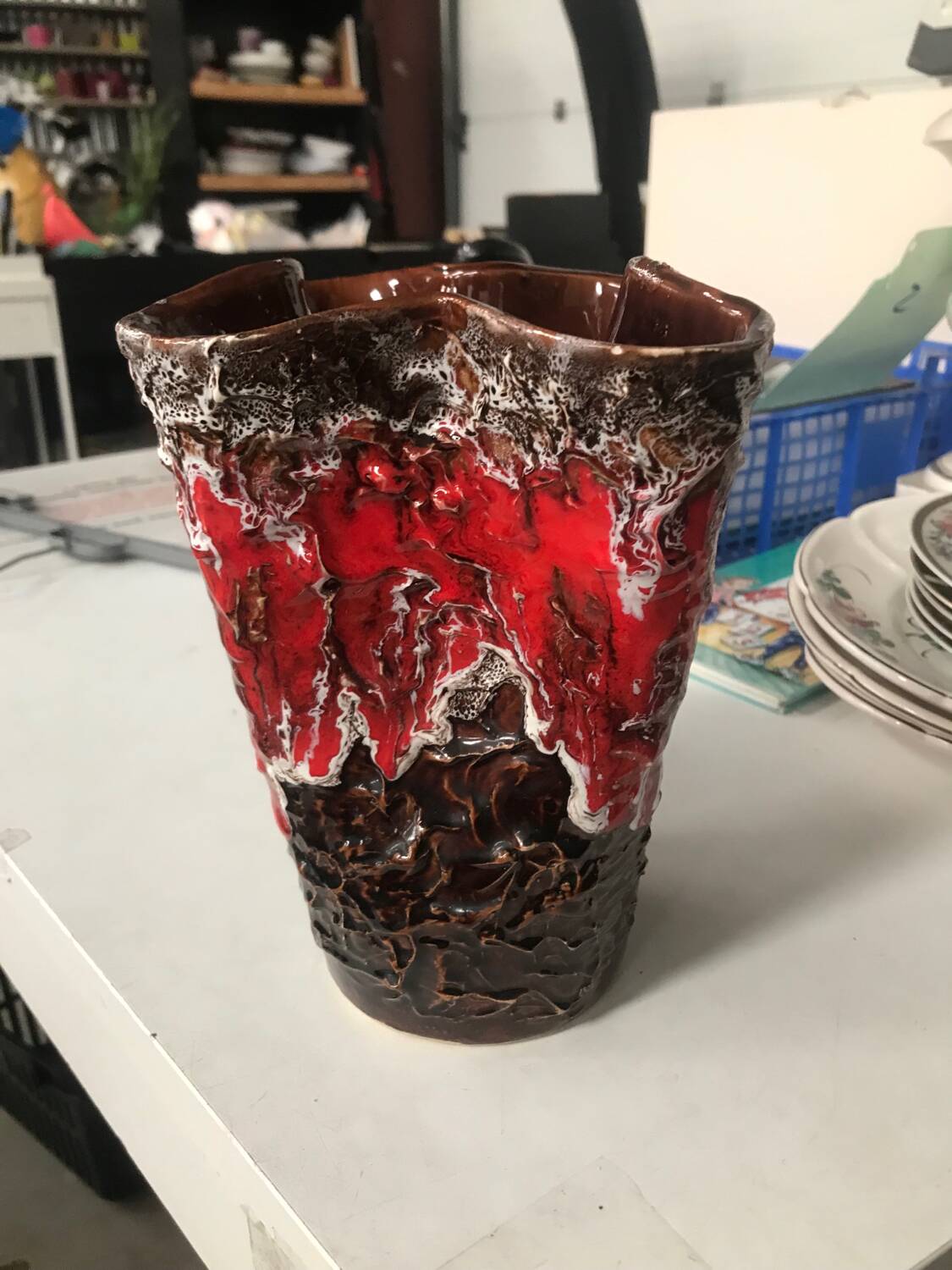Vase in Vallauris earthenware, red, brown and white.