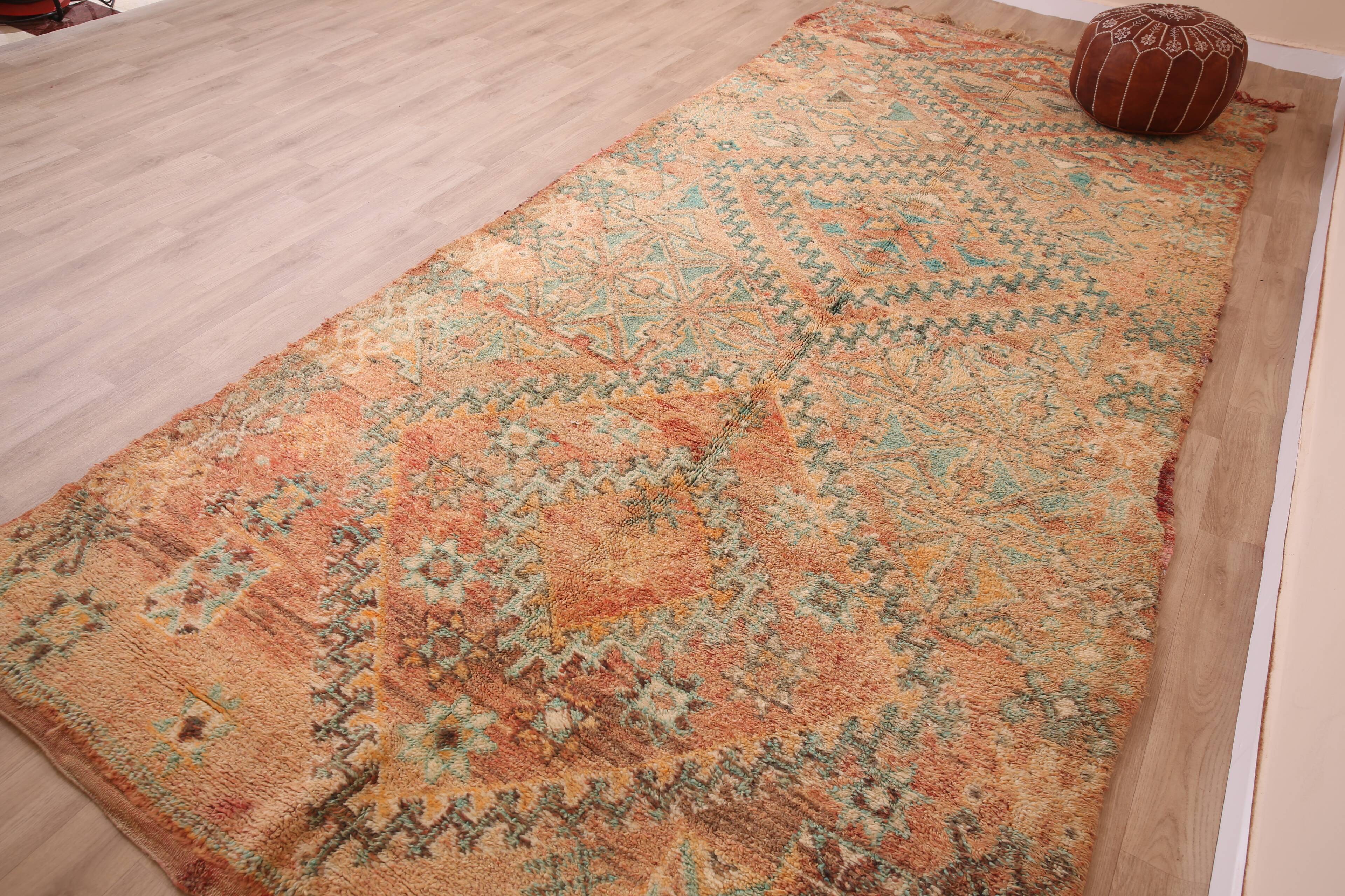 Peach Vintage Moroccan Rug 173 x 383 cm, Berber Wool Rug, Handmade Boho Rug