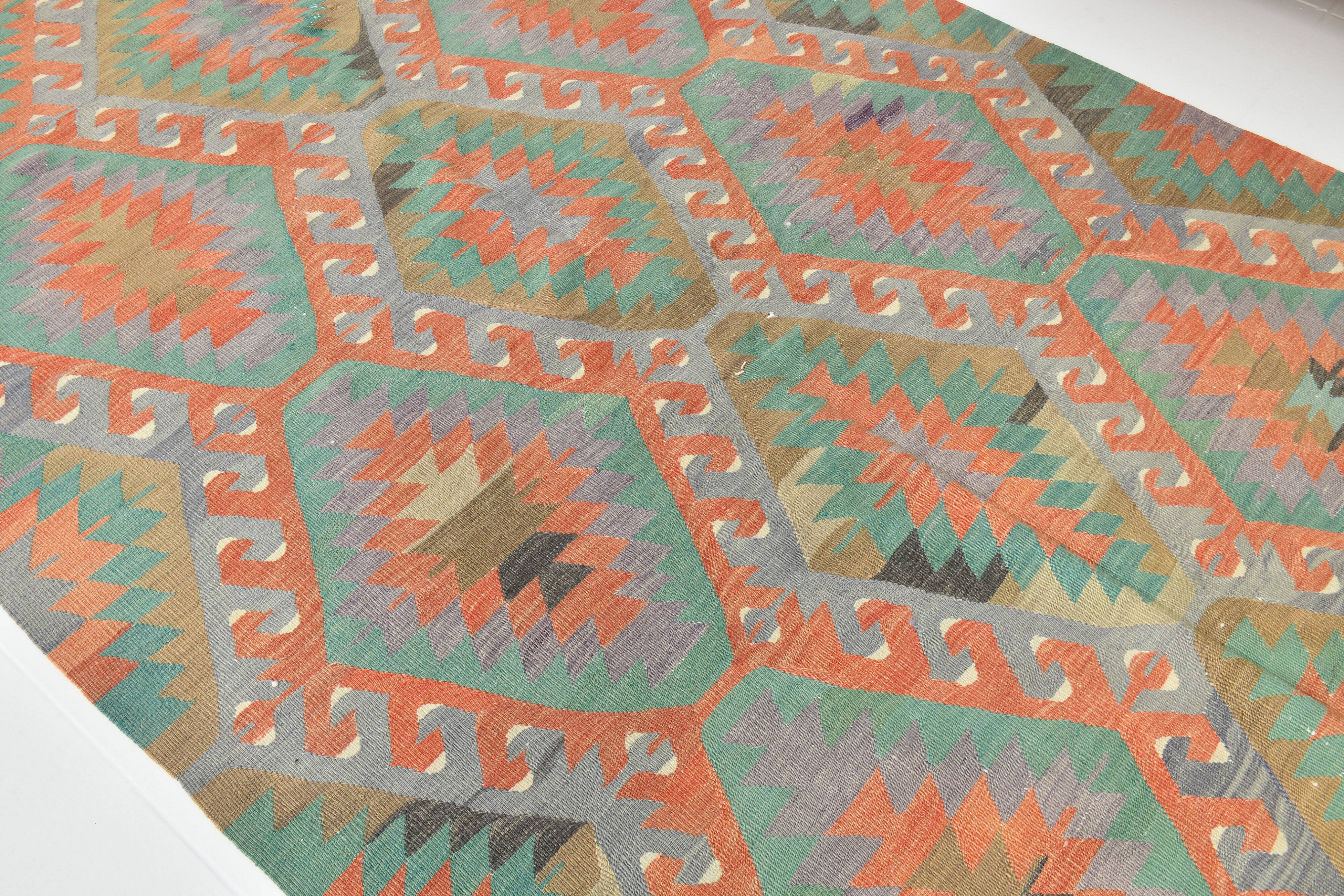 5x9 Green Red Tribal Handmade Kilim Rug, 163x290Cm