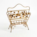 Extraordinary mid-century newspaper and magazine rack with a gilded metal