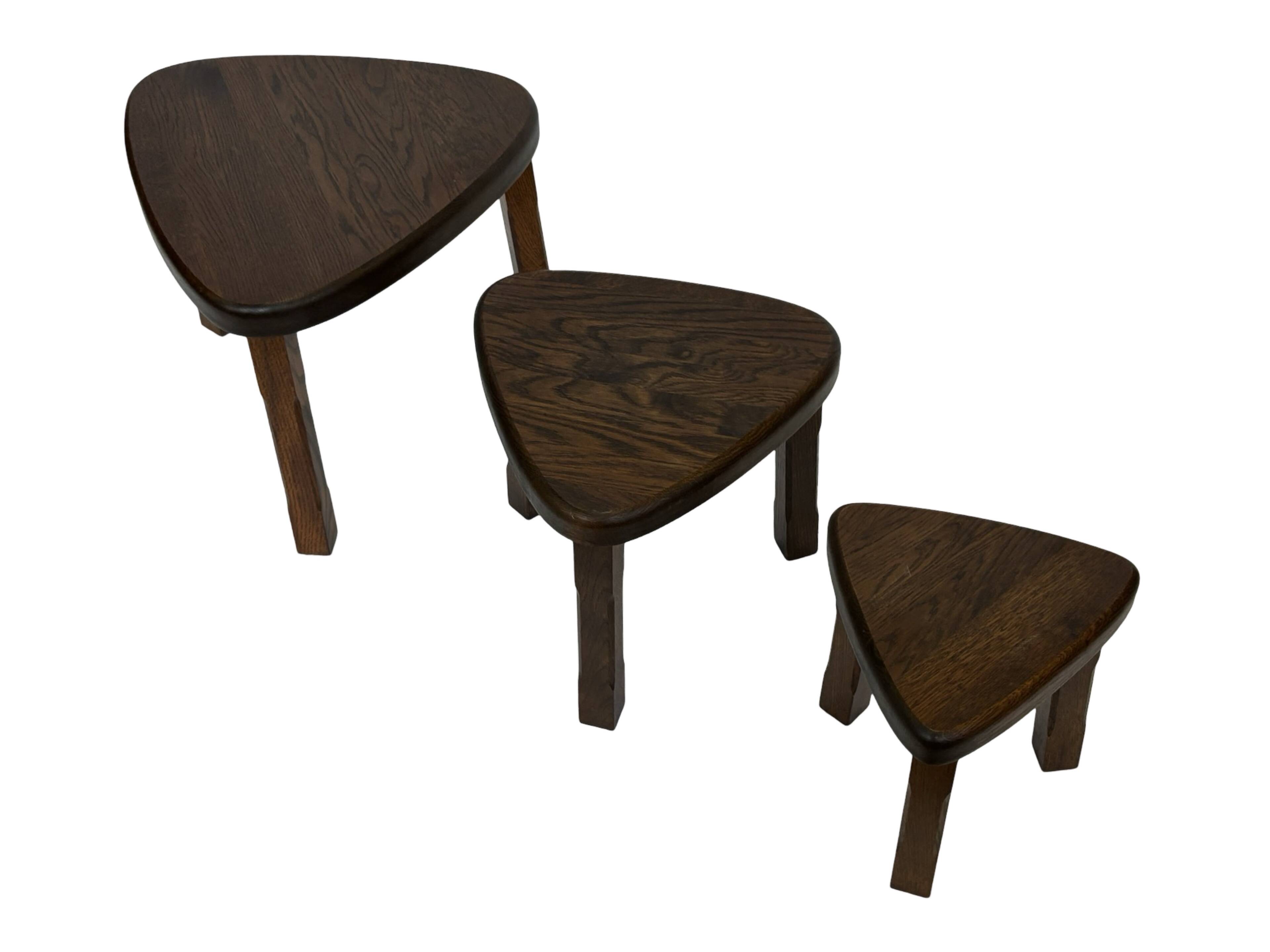 Set of 3 brutalist oak oval side or nesting tables minimalist design 1970s