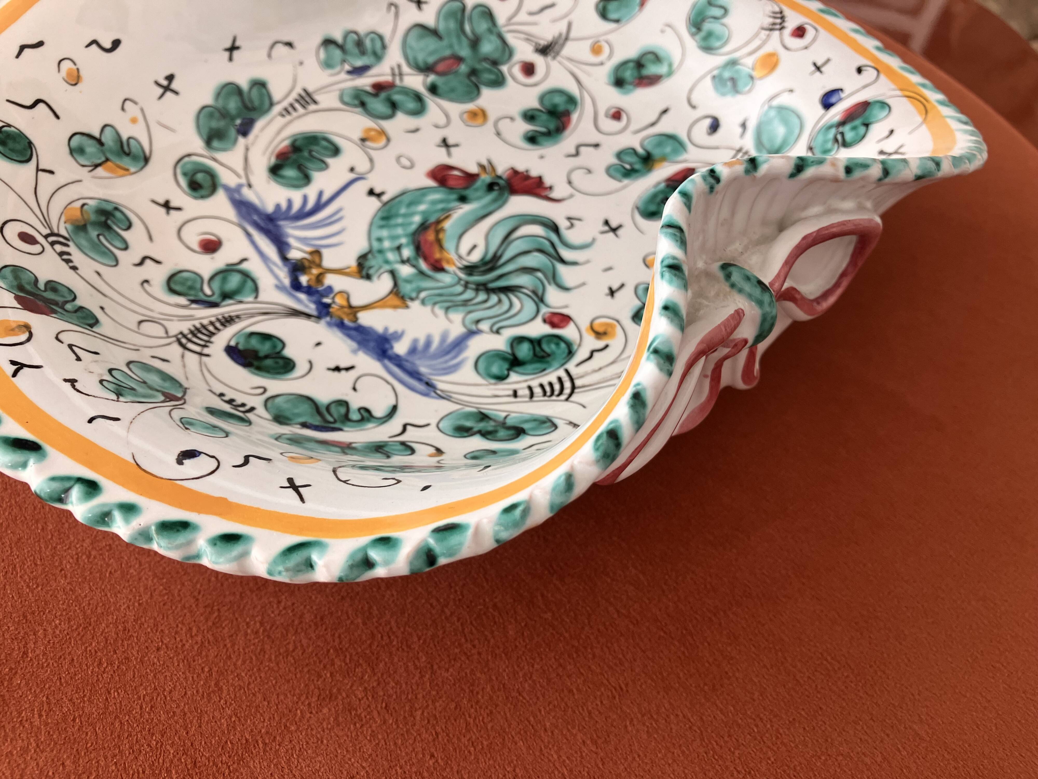 Dish, antique Italian Orvieto Deruta fruit bowl with rooster decoration