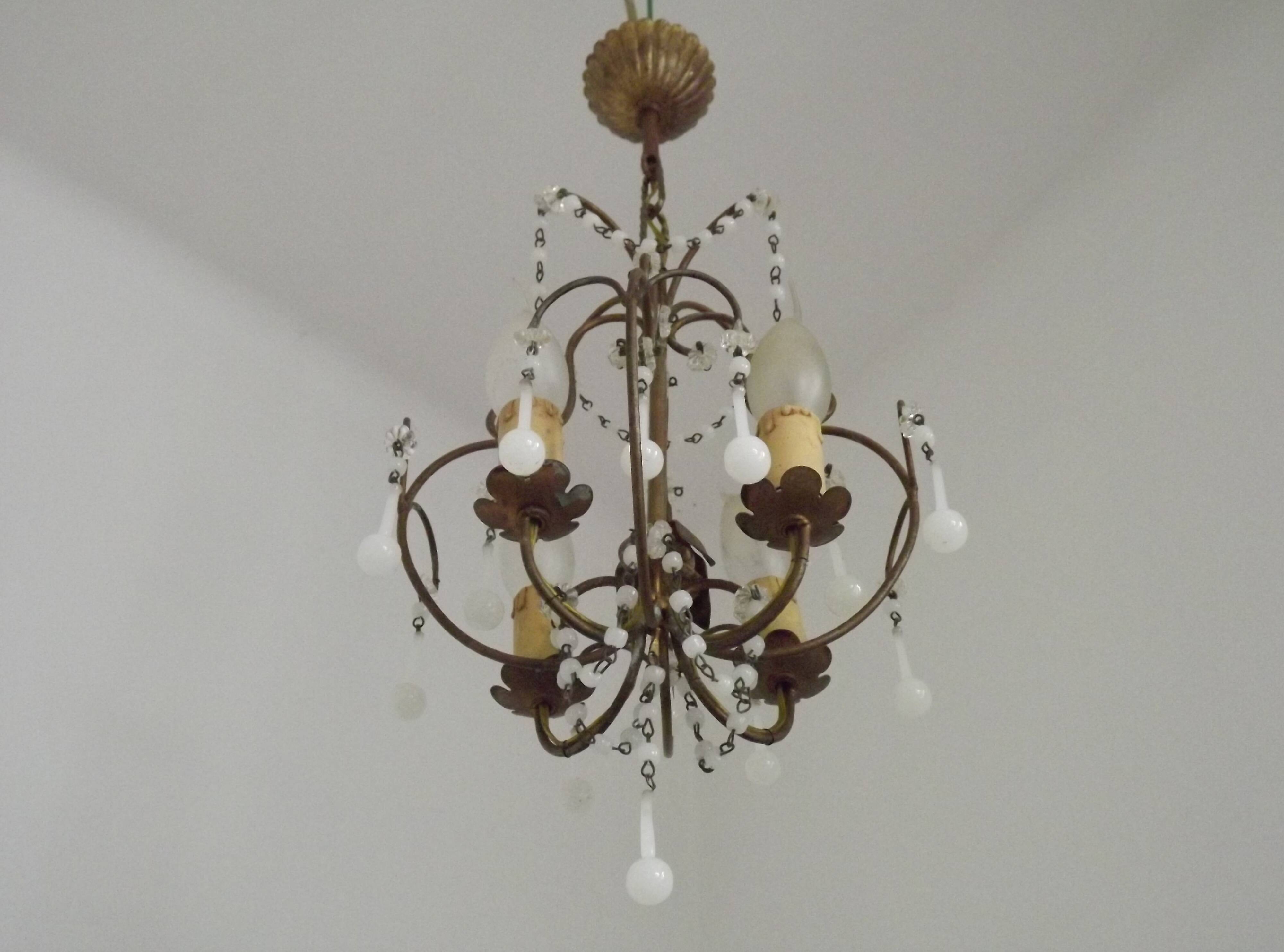 French Vintage 4 Light Metal Cage Chandelier with White Murano Drops and Beads