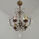 French Vintage 4 Light Metal Cage Chandelier with White Murano Drops and Beads