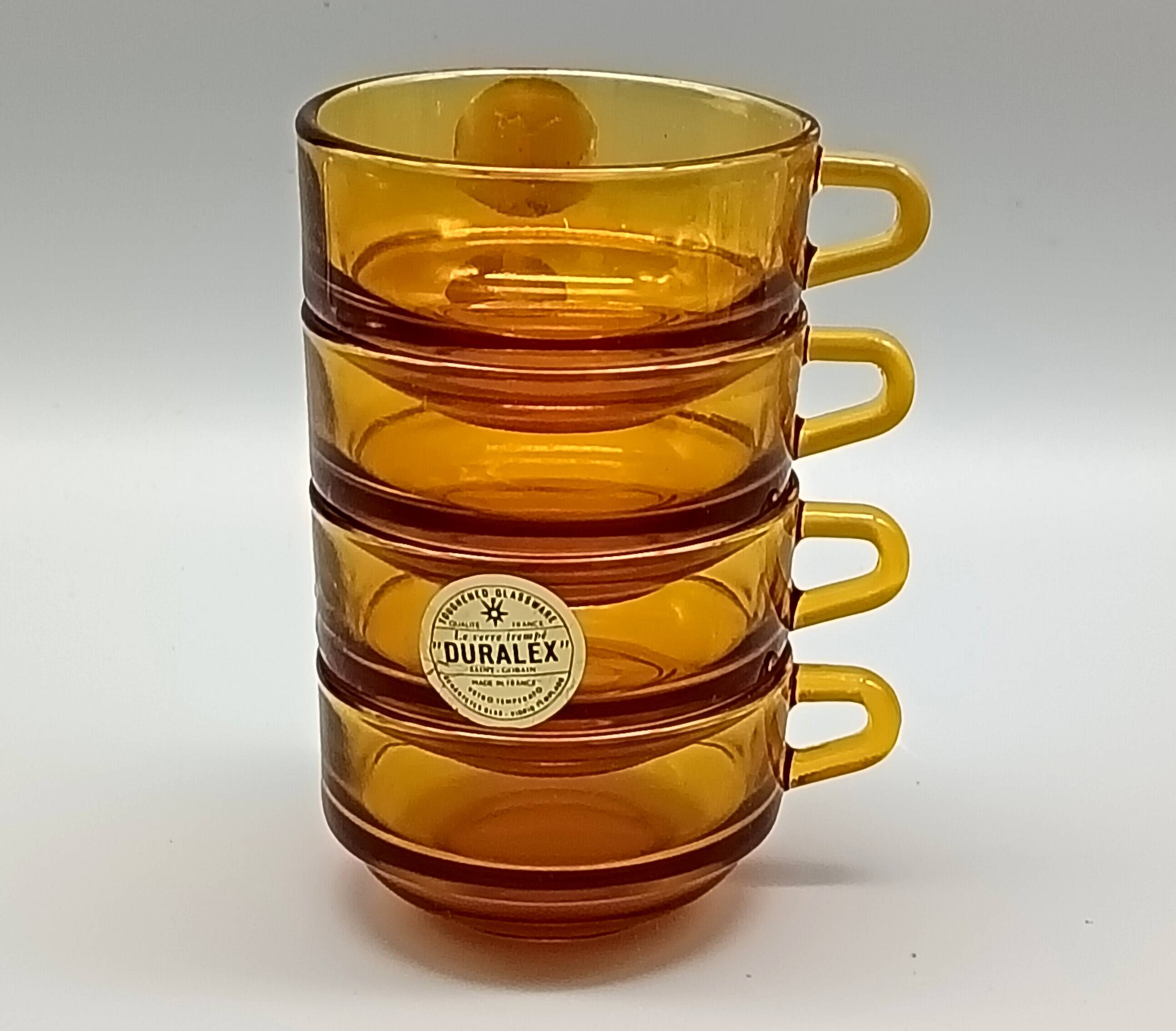 4 Duralex glass cups and saucers, amber color, France vintage