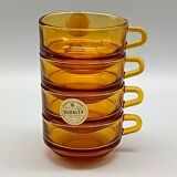 4 Duralex glass cups and saucers, amber color, France vintage