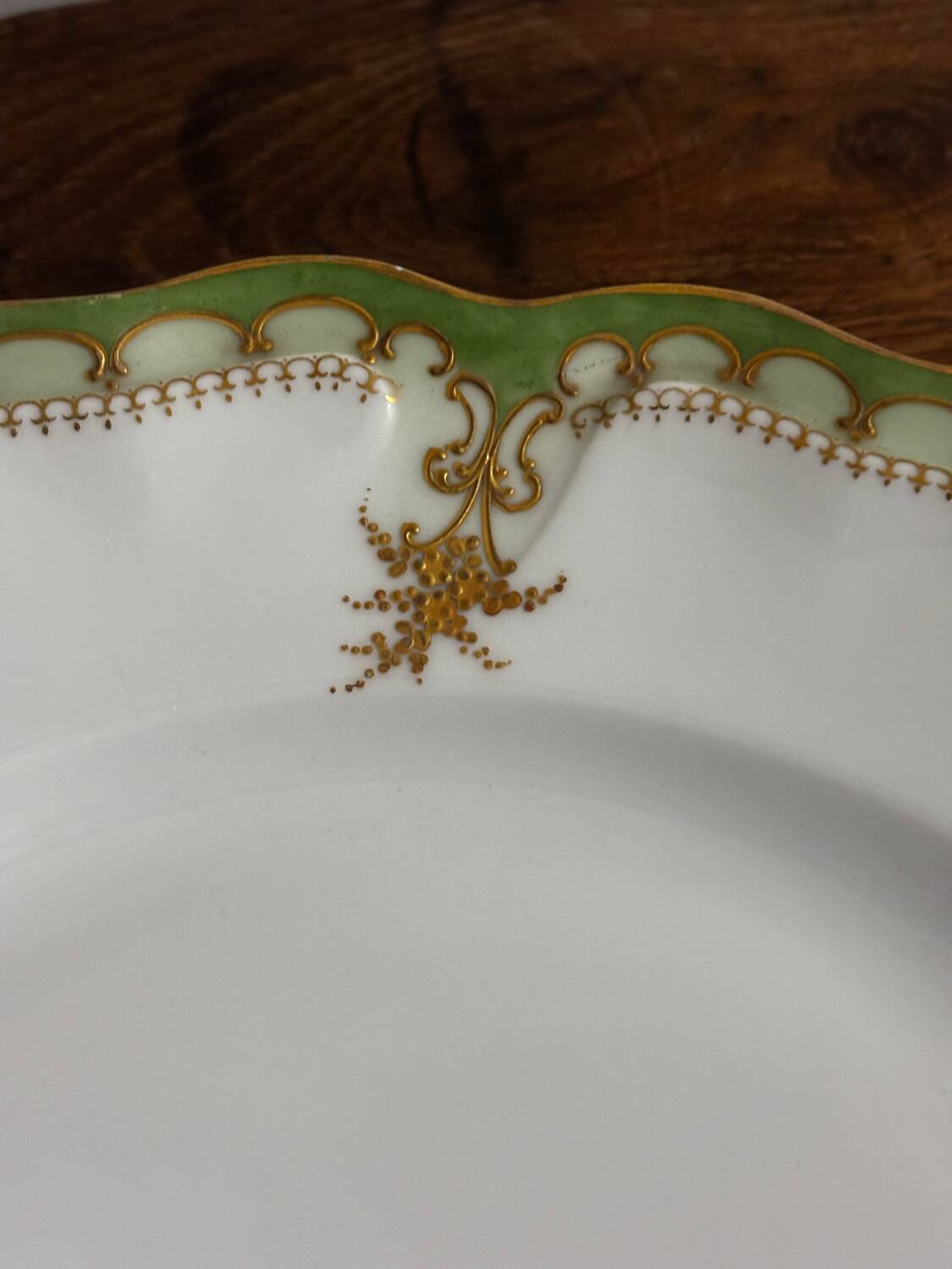 Vintage round green Limoges porcelain serving platter with gold trim