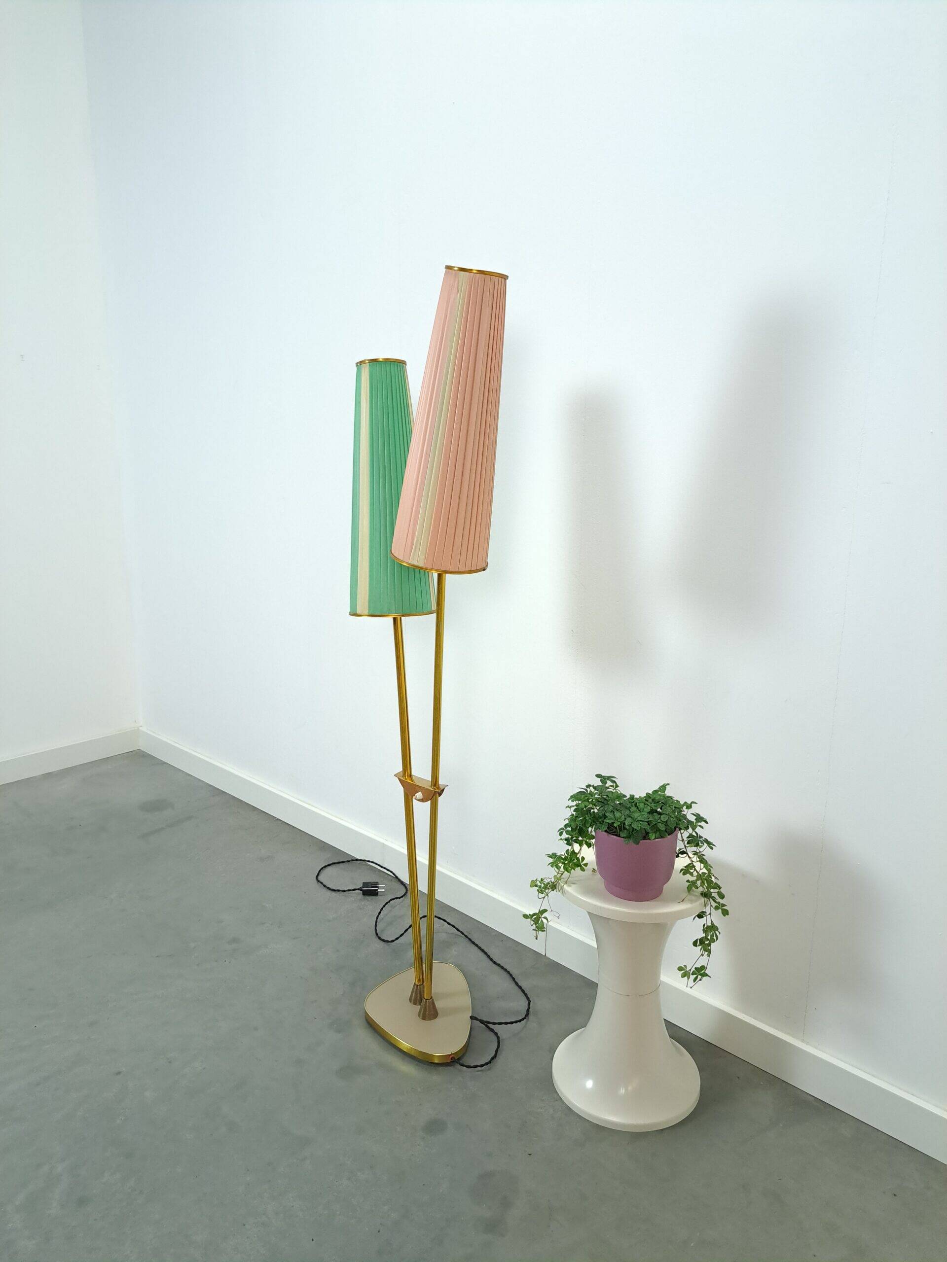 1950s floor lamp with pink and green shade and gold-coloured legs