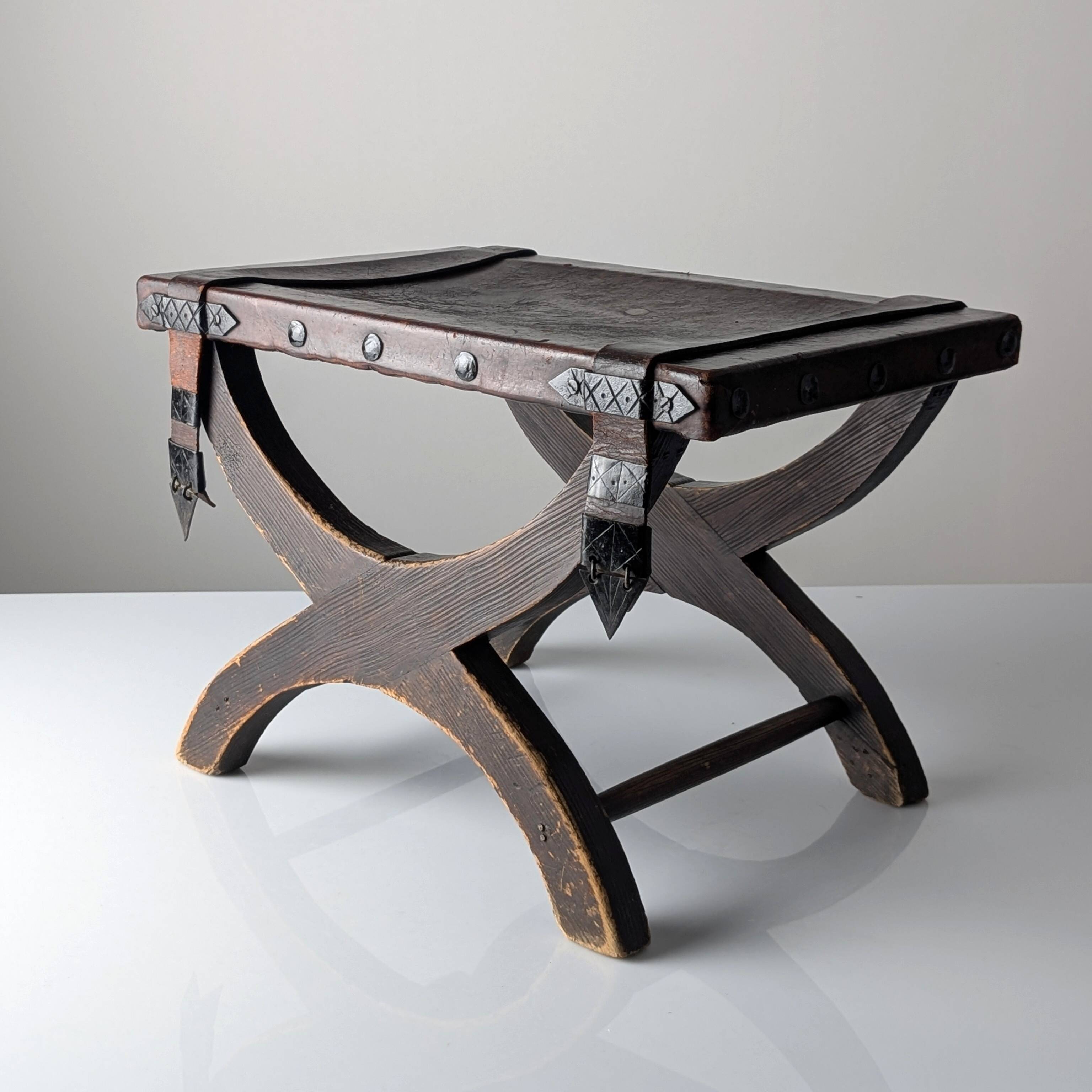 Colonial Curule Stool in Leather and Wrought Iron, Mexico, 1940s