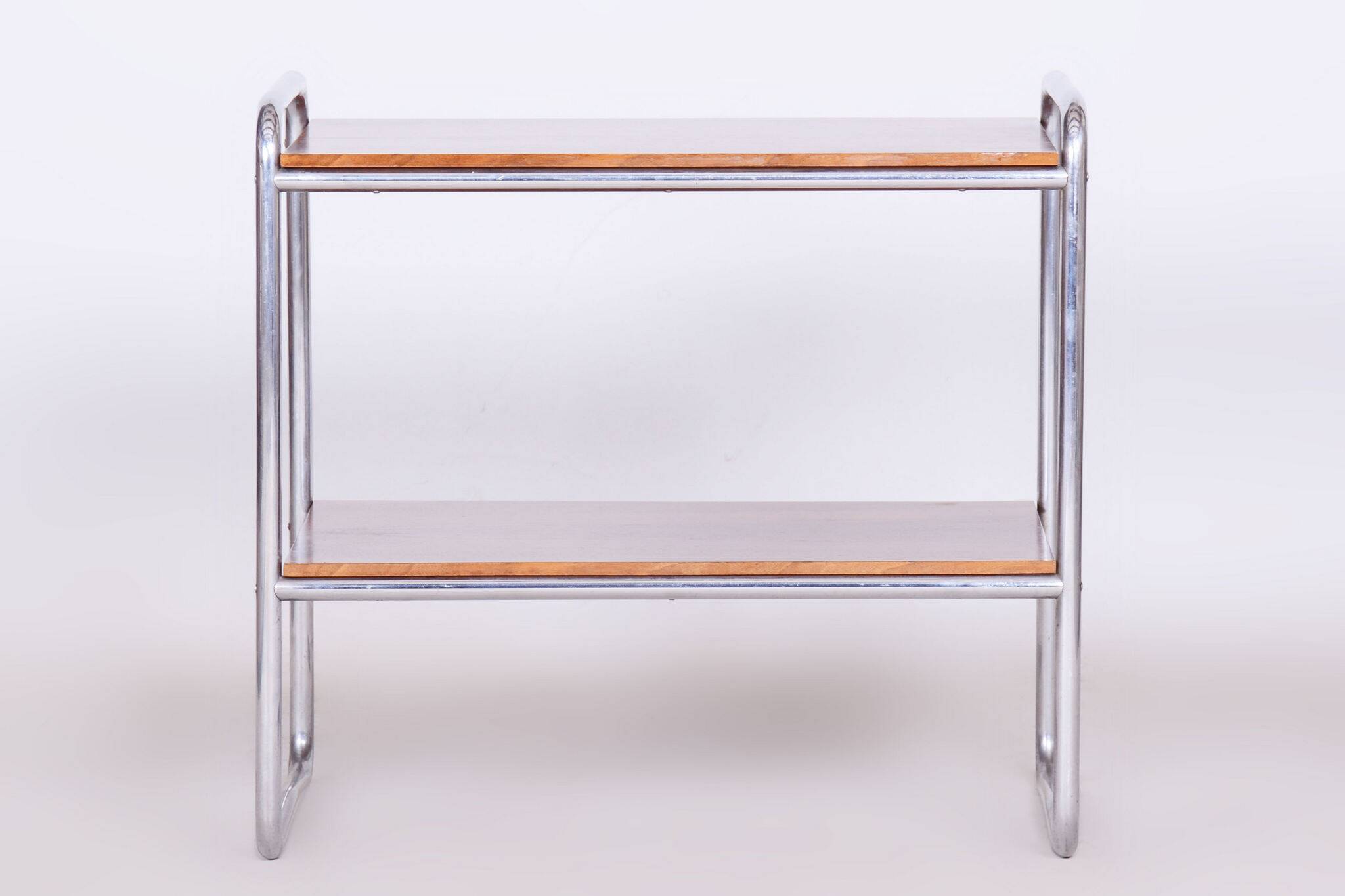 Table d'appoint Bauhaus restaurée, noyer, acier chromé, tchèque, années 1930