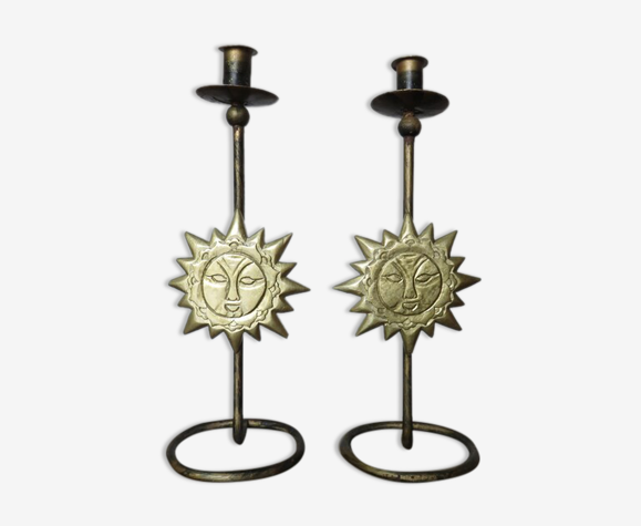 Pair of candle holders "sun" wood and metal 80s