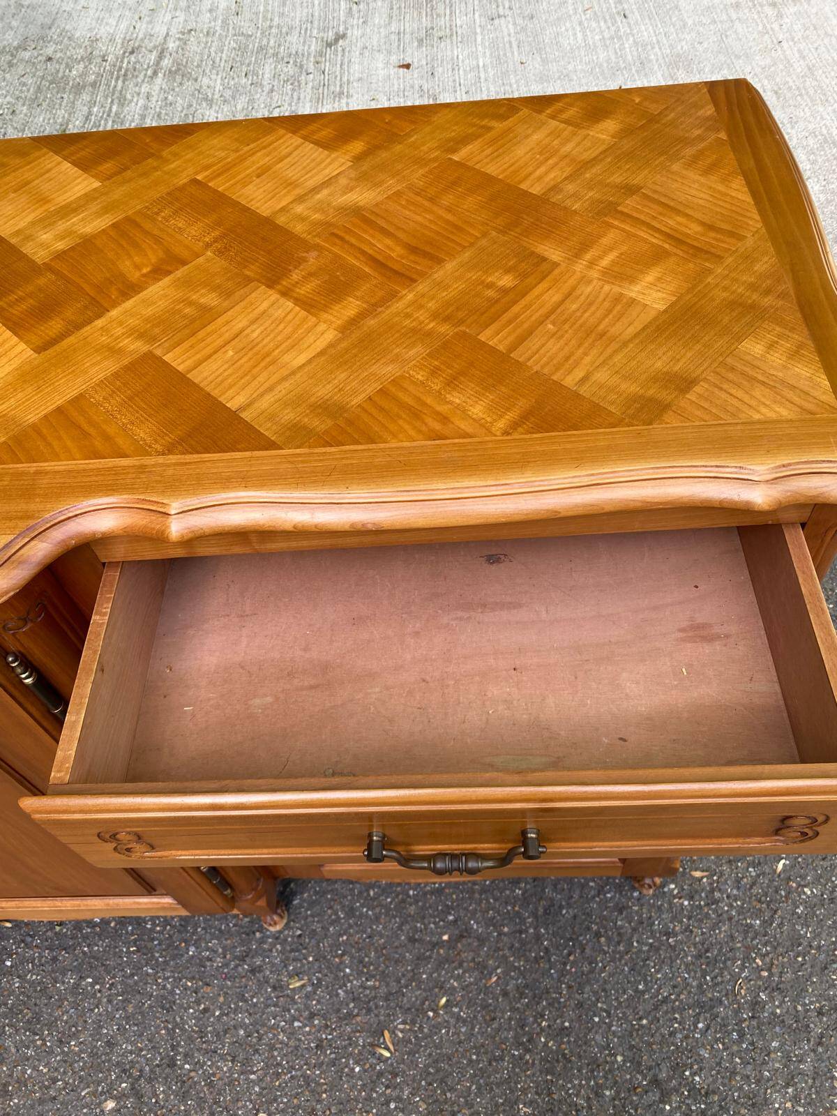 Light solid wood enfilade with Louis XV marquetry, 1950, 230cm.
