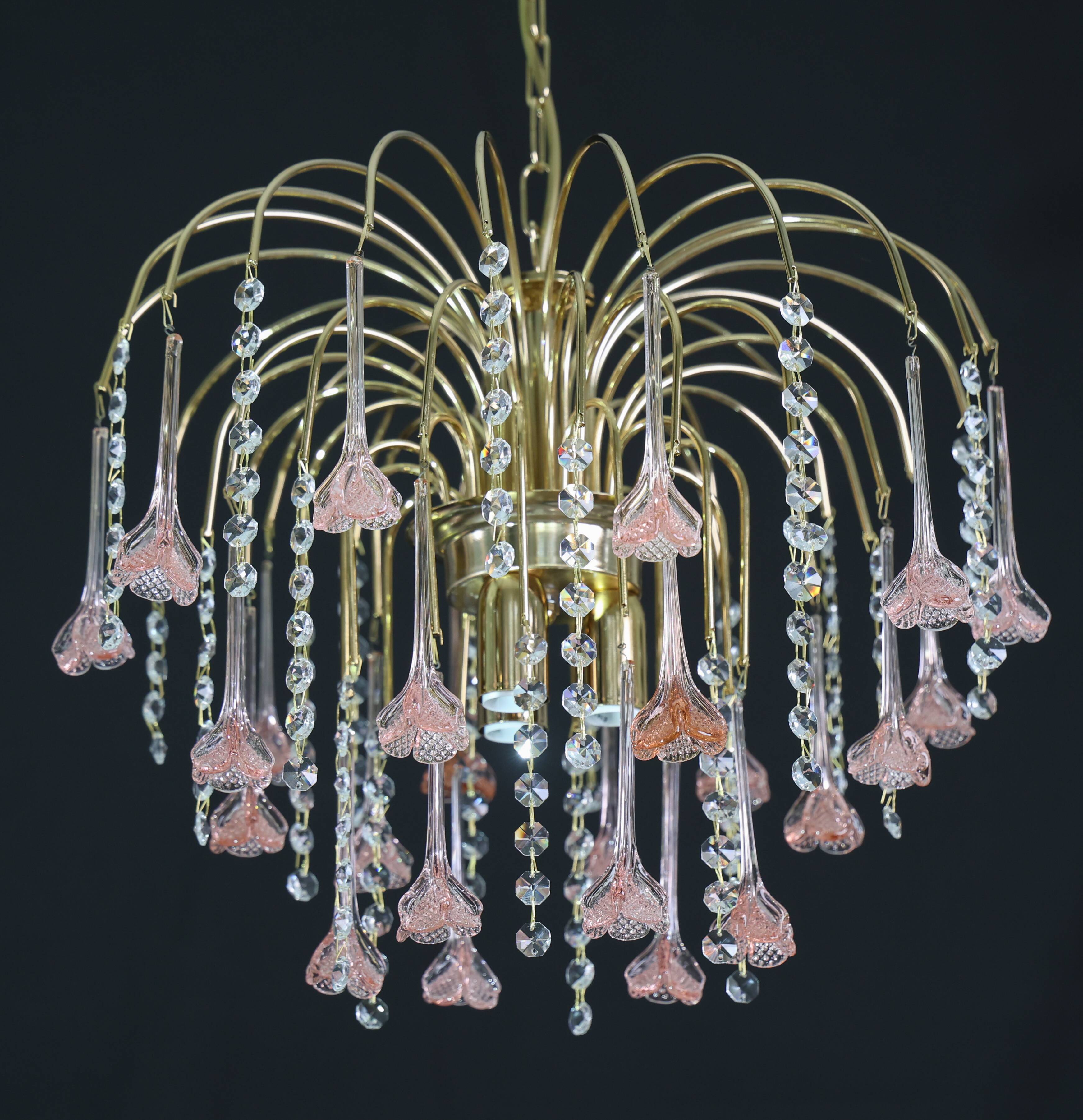Set of 2 Meryl Streep, Pink Murano Flowers and Crystal Drops Chandelier, 19