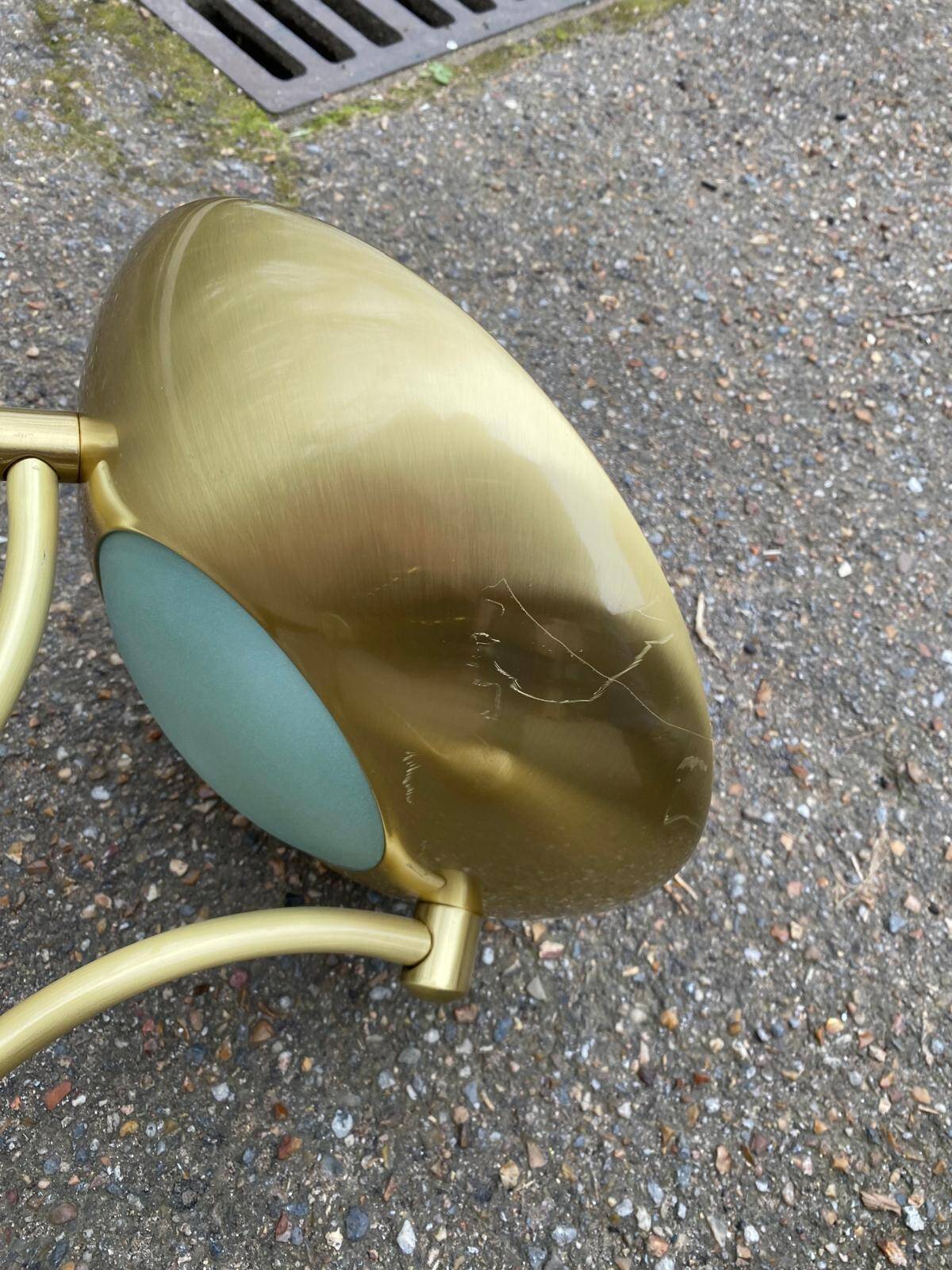 Vintage Italian design gold halogen floor lamp with double spotlight dome.