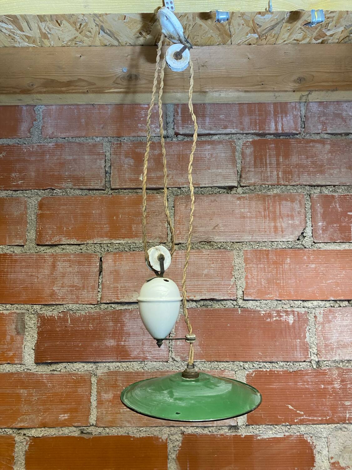 Industrial pendant light, mounted and lowered, green metal + vintage porcelain