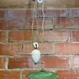 Industrial pendant light, mounted and lowered, green metal + vintage porcelain