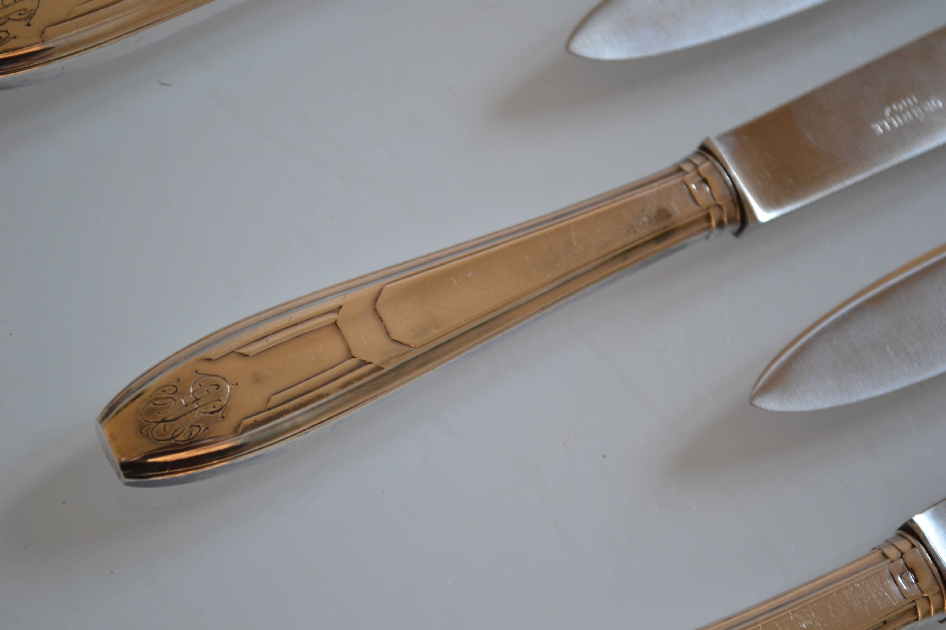 12 art deco silver metal dessert or cheese knives 20.5 cm AR monogram