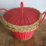 Basket with handles and lid wicker and red scoubidou 50