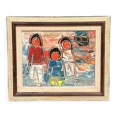 Original Oil on Canvas “ Family” Vintage & Framed 47 × 40 cm
