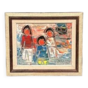 Original Oil on Canvas “ Family” Vintage & Framed 47 × 40 cm