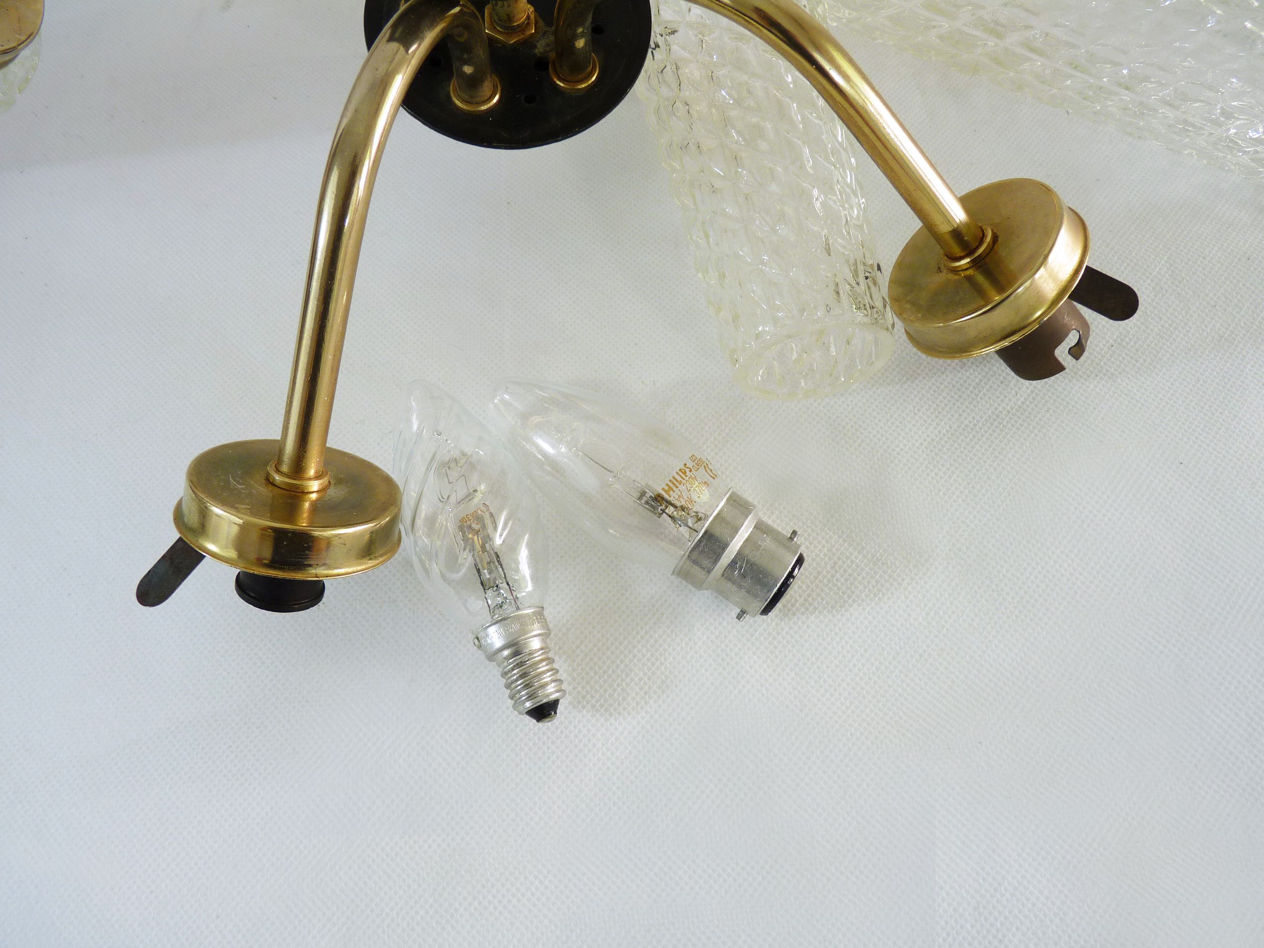 Old 5-branch chandelier, brass and glass tulips, vintage light fixture