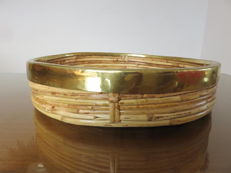 Round basket rattan and brass 60s 70s