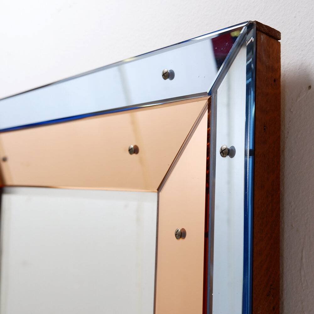 Bevelled wall mirror with blue and copper mirror panels - Italy 1930s