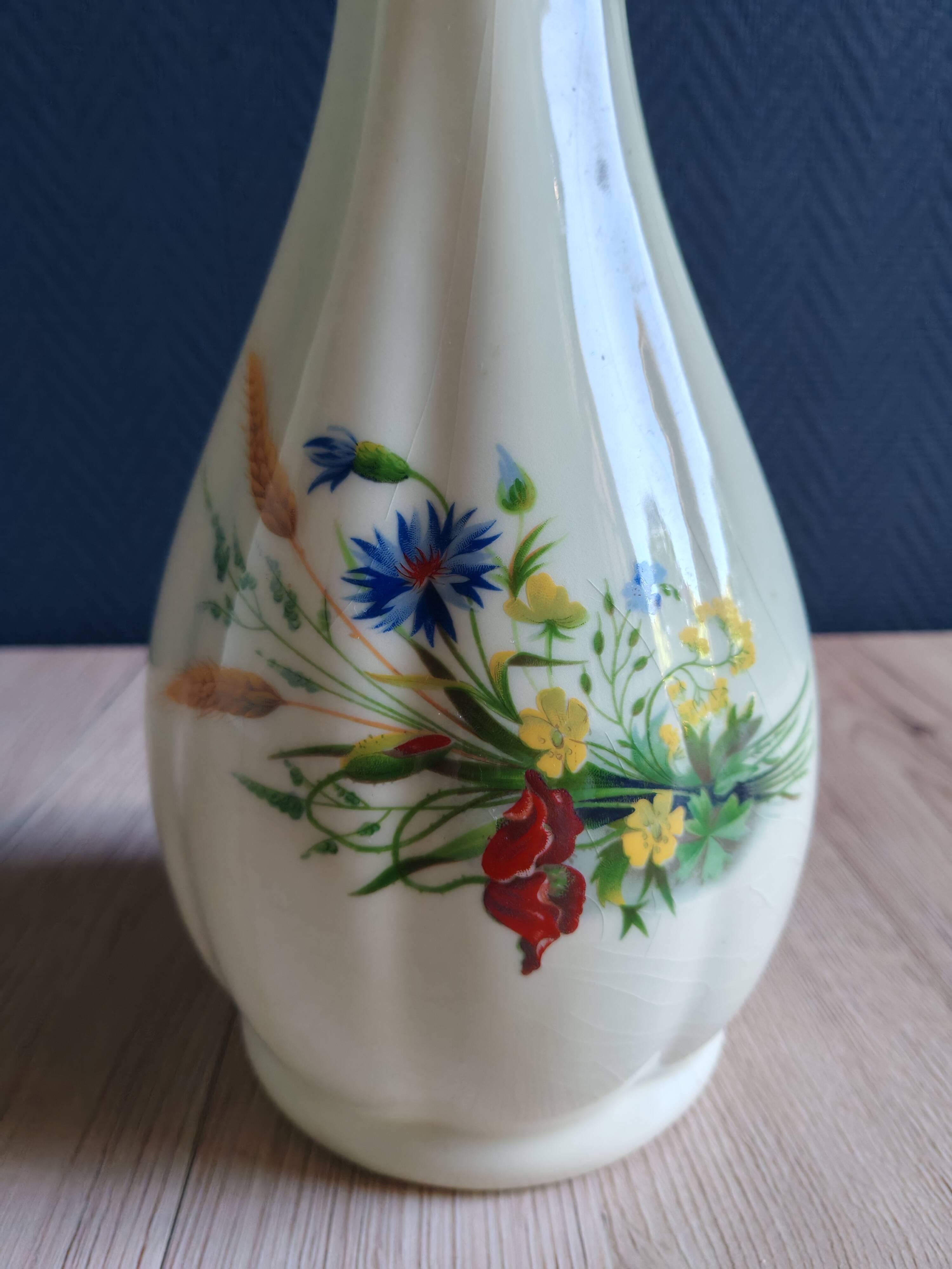 Vintage White Broken Ceramic Vase with Floral Pattern, Ribbed Vase