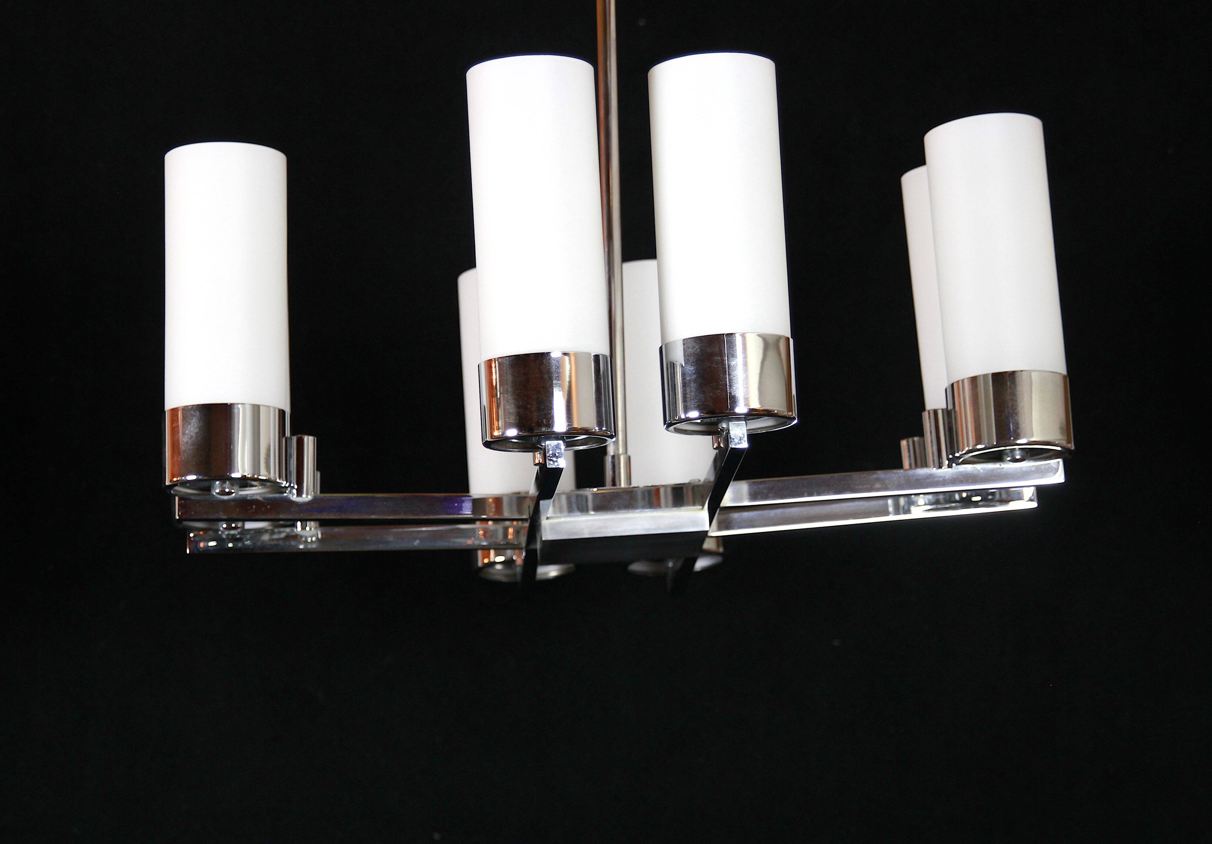 Modernist chandelier, chrome and opaline metal, mid-century france - 8 lights