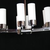 Modernist chandelier, chrome and opaline metal, mid-century france - 8 lights