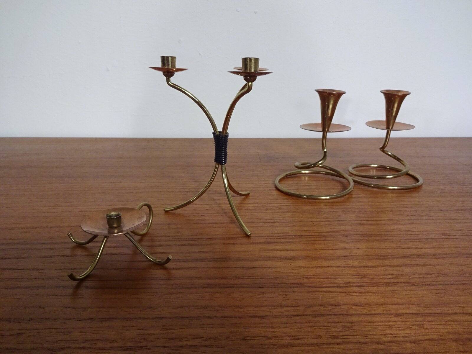 German filigree brass and copper candleholders, 1960s, set of 3