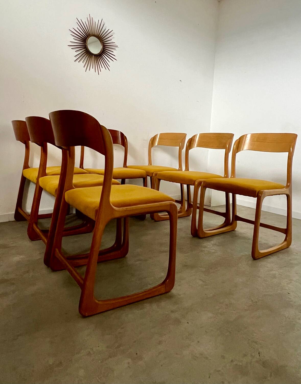 Set of 7 Baumann sled chairs in wood and mustard yellow fabric, 1960s