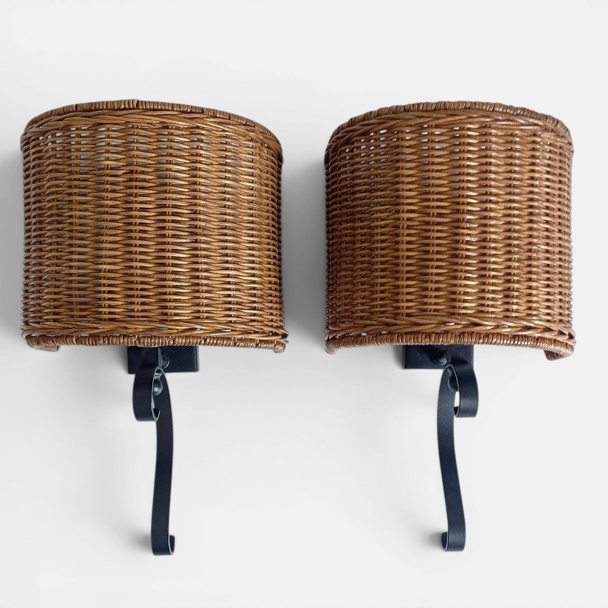 Spanish Mid-Century Wicker And Wrought Iron Wall Sconces, Three Available