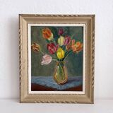 Tableau peinture ancienne huile sur panneau bouquet de fleurs tulipes