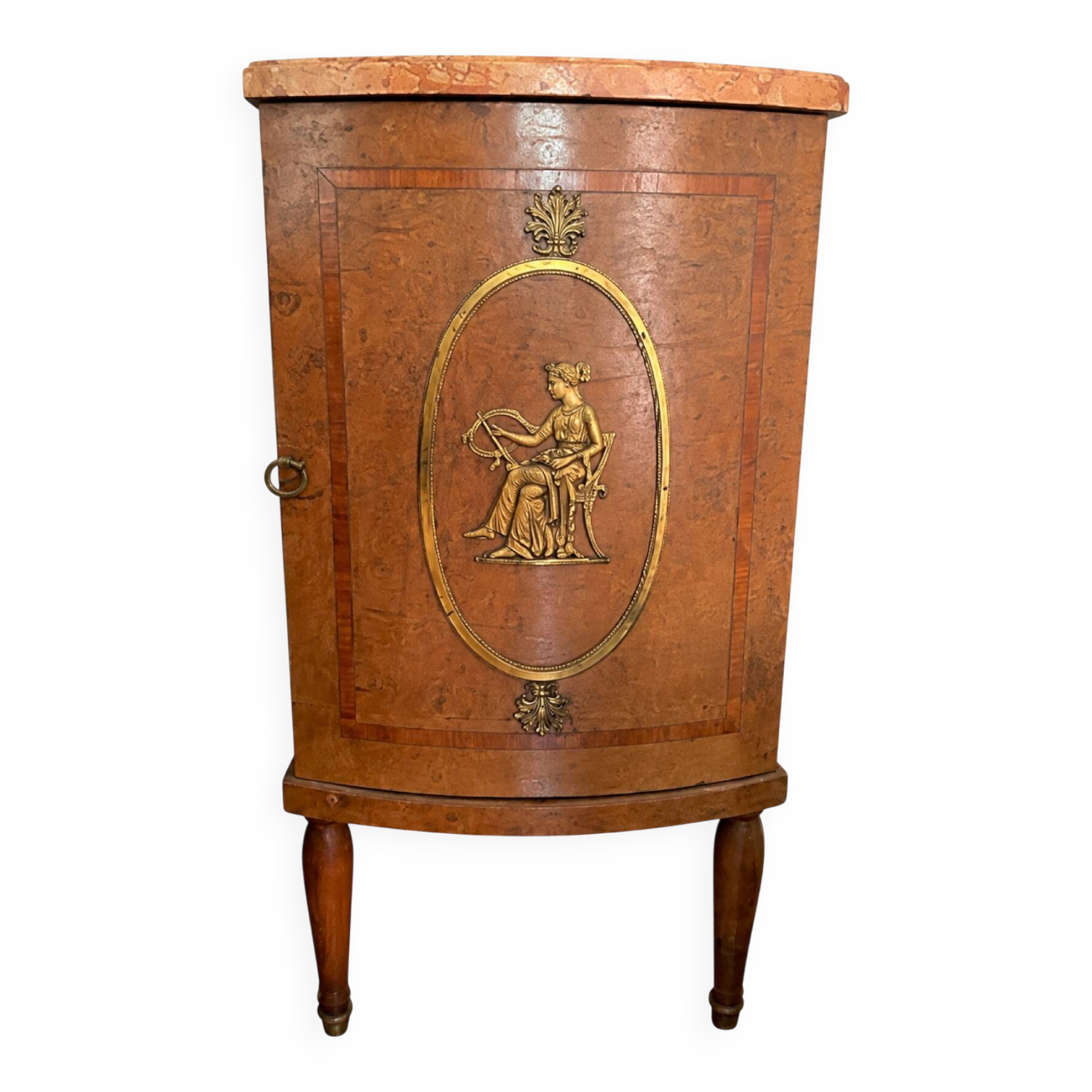 Table d'appoint loupe de bois, marqueterie, médaillon, plateau marbre
