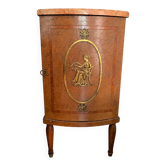 Table d'appoint loupe de bois, marqueterie, médaillon, plateau marbre