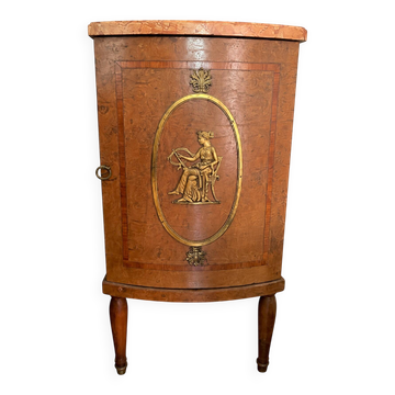 Side table with wood burl, marquetry, medallion, marble top.