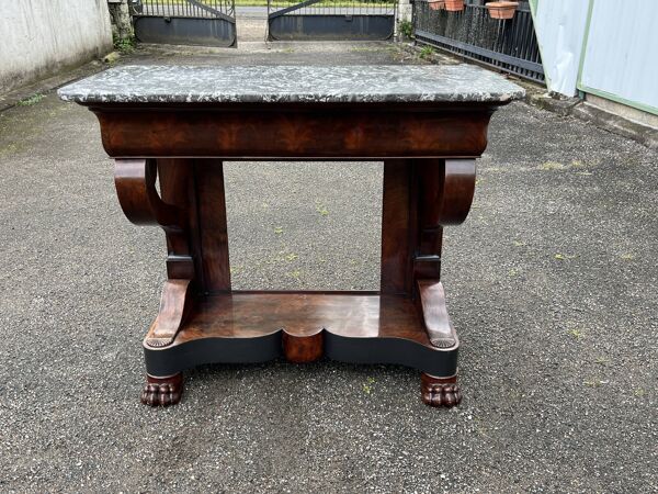 Console acajou plateau marbre gris pieds pattes de lion
