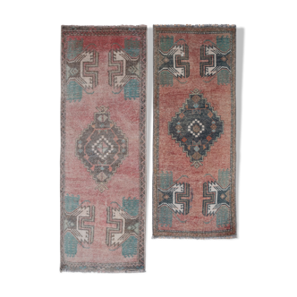 Pair of Vintage Turkish Oushak Yastik Scatter Rug - Faded Tribal Carpet