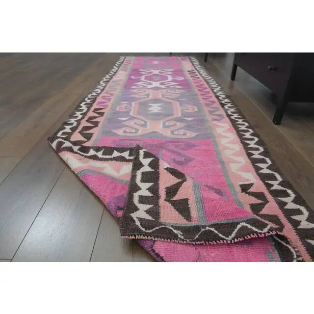 1970s Vintage Turkish Hand-Knotted Wool Cotton Pink Runner Rug 98x303