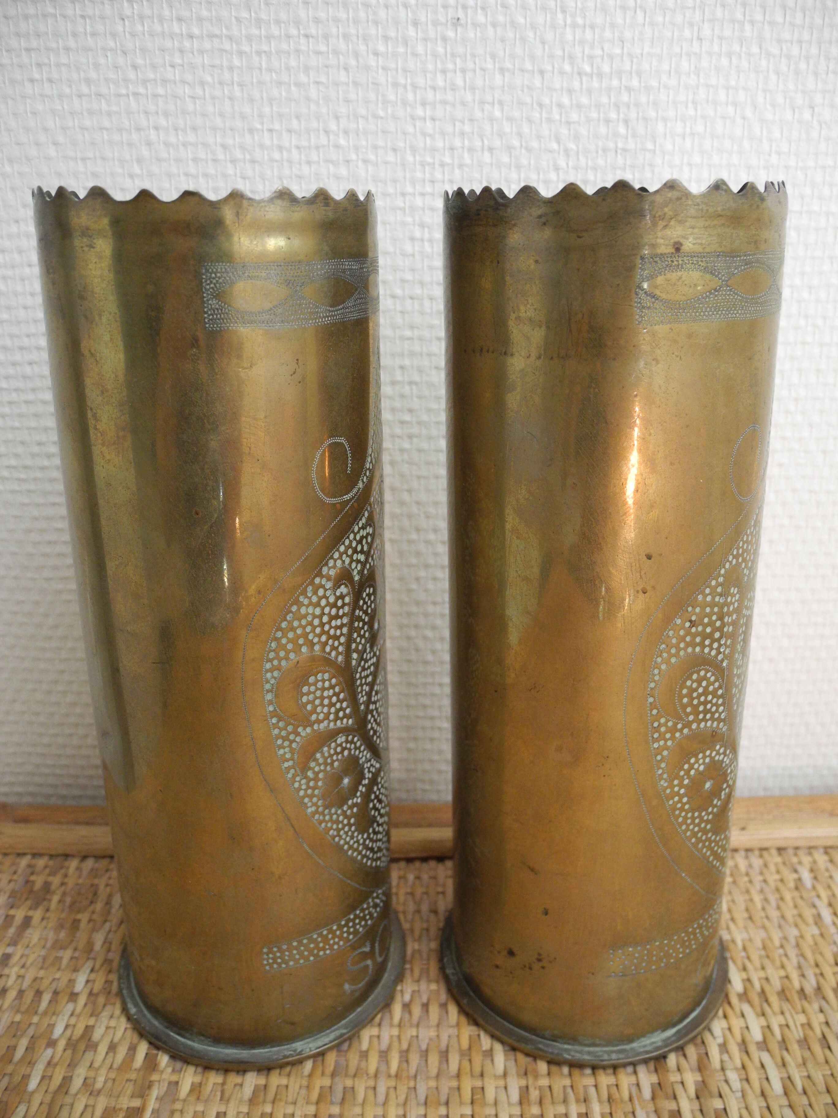 Pair of vases with engraved shell casings, WW1 trench art