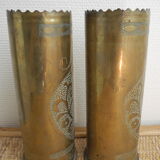 Pair of vases with engraved shell casings, WW1 trench art