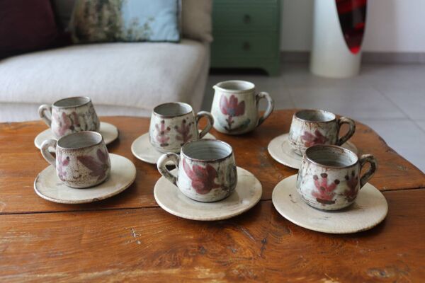 Service à café en grès signé Gustave Le Murier – 6 tasses, 6 soucoupes