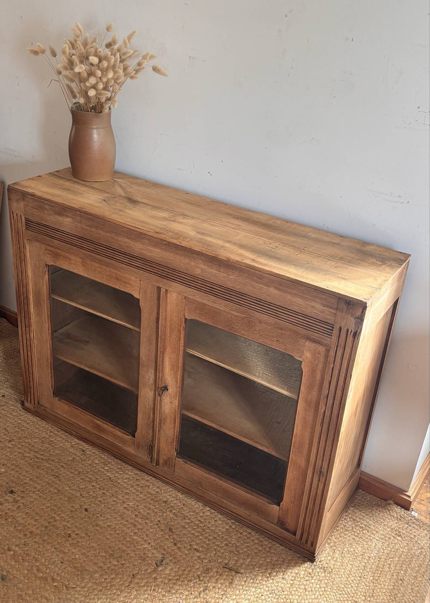 Narrow antique solid wood buffet - glass doors
