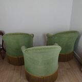 3 fauteuils crapaud en tissu vert