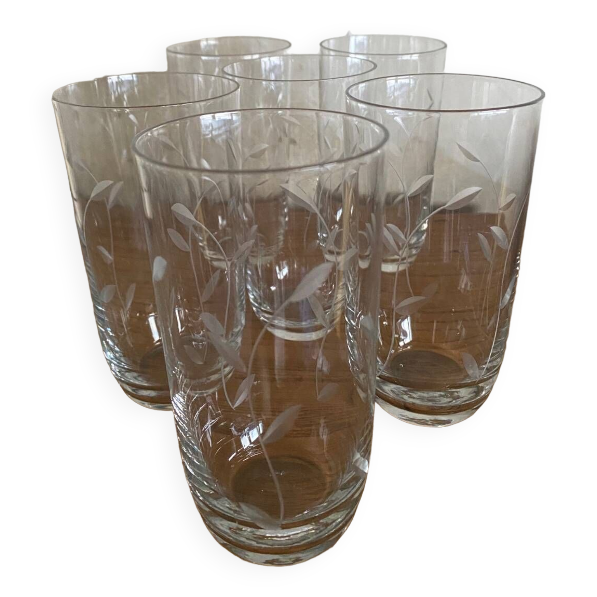 6 old engraved water or orangeade glasses