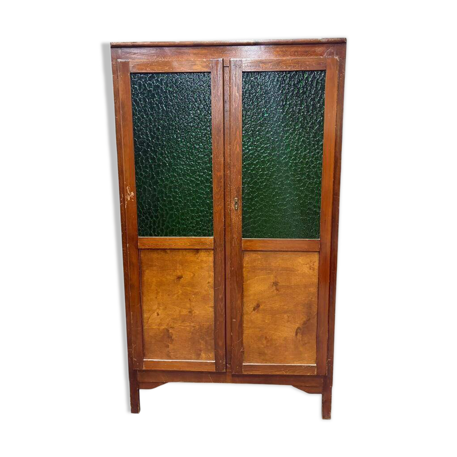 Vintage wooden display cabinet with green glass.